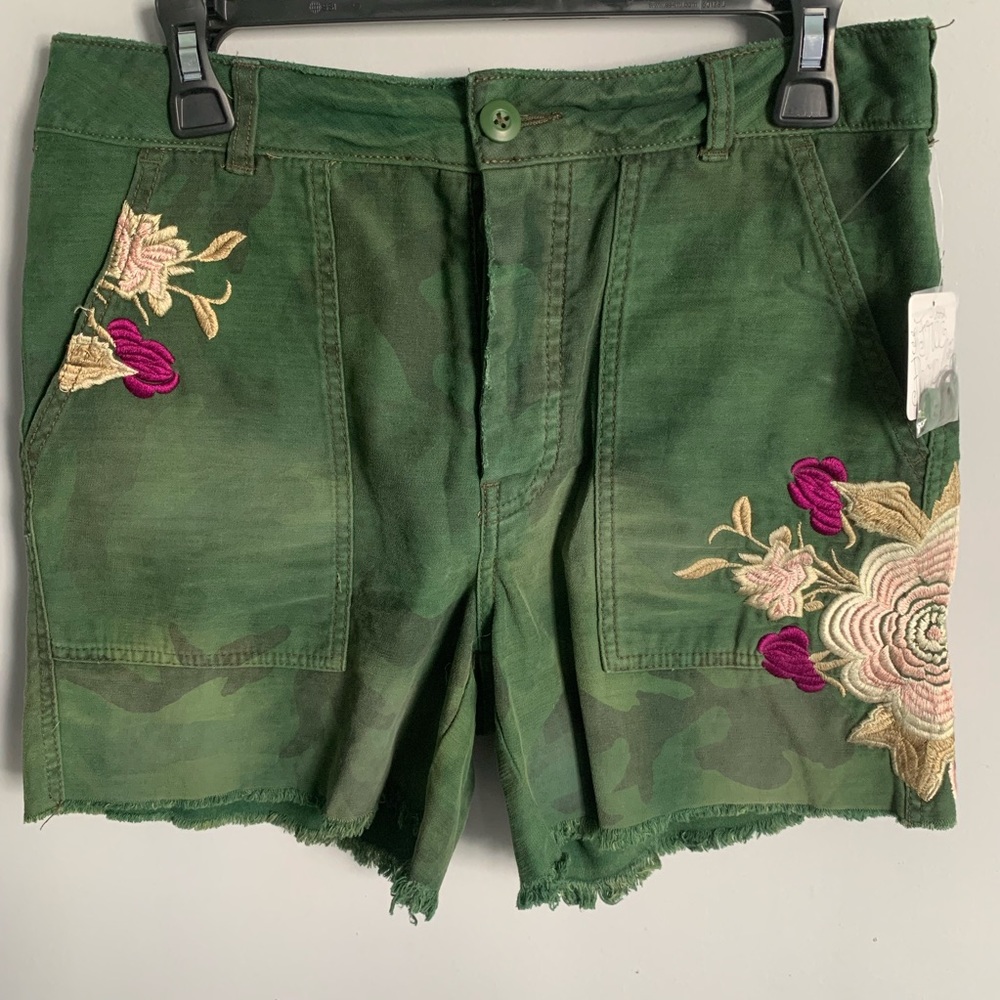 Free People Camo Embroidered Shorts With Raw Hem